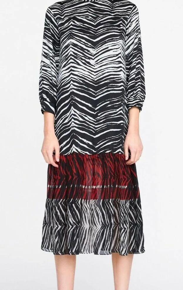 ZARA ANIMAL ZEBRA PRINT FLOATY CONTRAST DRESS BLACK/WHITE/RED SIZE XS NEW - Image 3