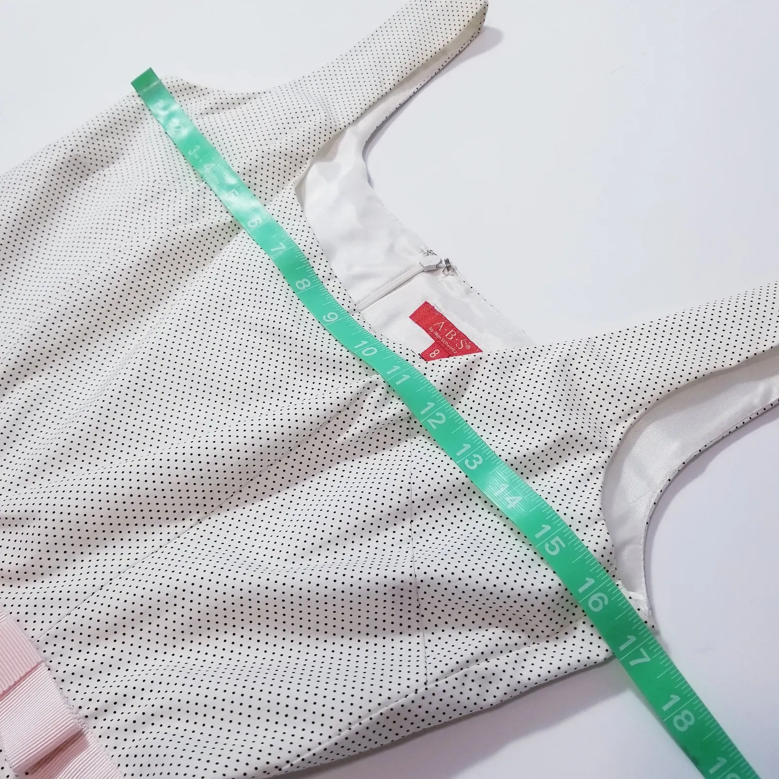 ABS by Allen Schwartz Polka Dots Pleated Fit & Flare Dress Pink Belted Bow White Size 8 - Image 5