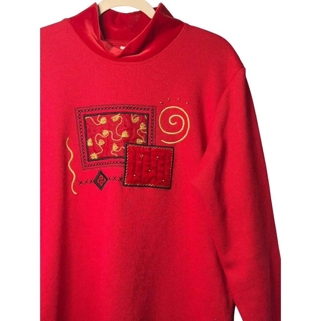 VTG Bobbie Brooks Red Long Sleeve Top Velvet Trim & Embroidered Details Womens L Size L - Image 2