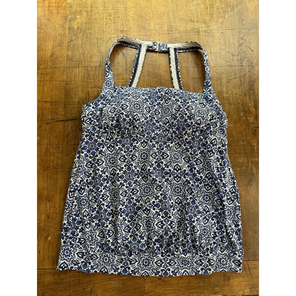 Lands End Blouson Tankini Swim Suit Sz 10 Paisley Blue White Bandana Mosaic - Image 5