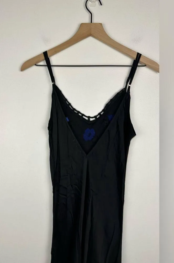 Poupette St Barth Black Satin Embroidered Floral Side Slit Maxi Resort Dress - Image 7