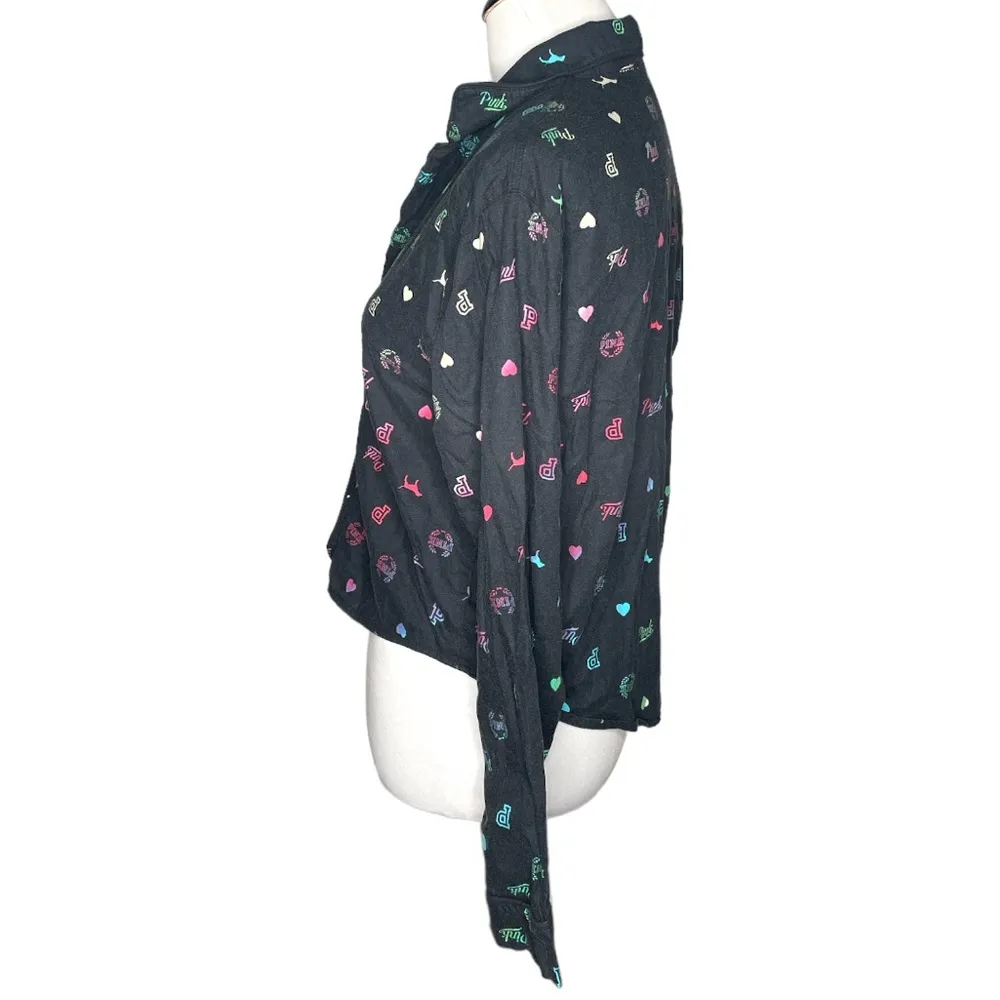 PINK Victoria’s Secret Logo Button Down Sleep Top Black Rainbow Size Small - Image 4