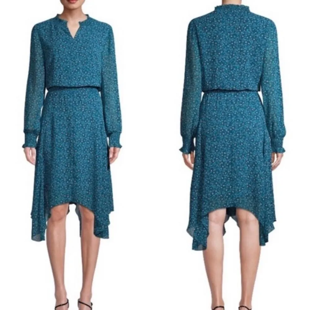 Time & Tru Midi Dress Smocked Long Sleeves Teal Floral Women’s Size Large 12/14 - Image 16