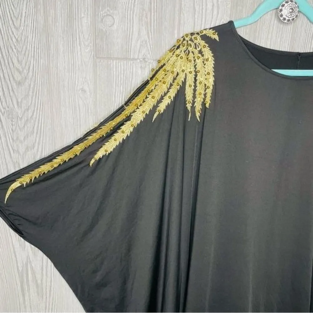 Muslim Hui Dubai Beaded Bat Sleeve Robe Plus Size Ladies Dress beach cover up Gold - Image 5