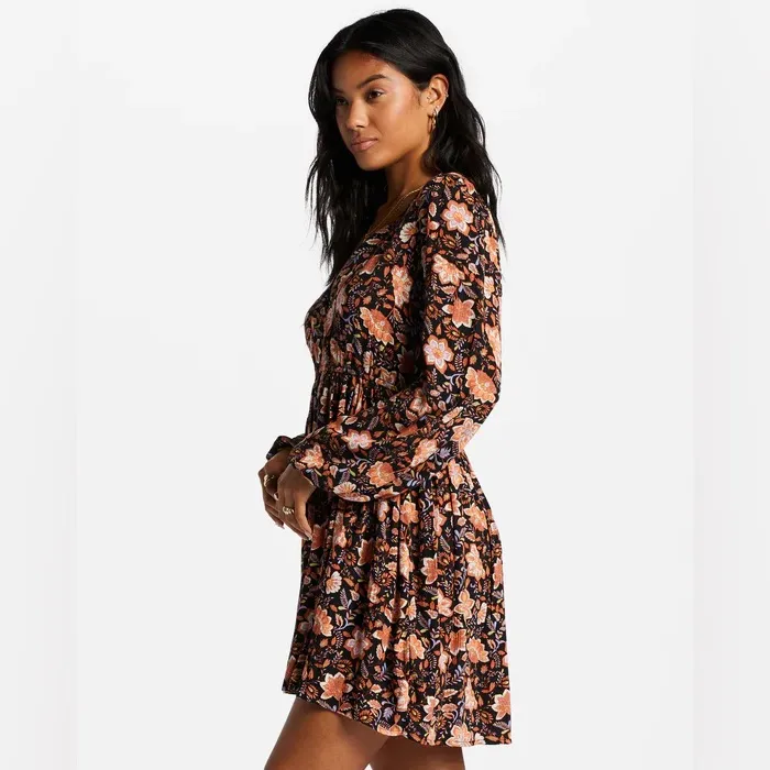 Billabong Sweetest Dream Floral Mini Dress Black Pebble Long Sleeve L - Image 3