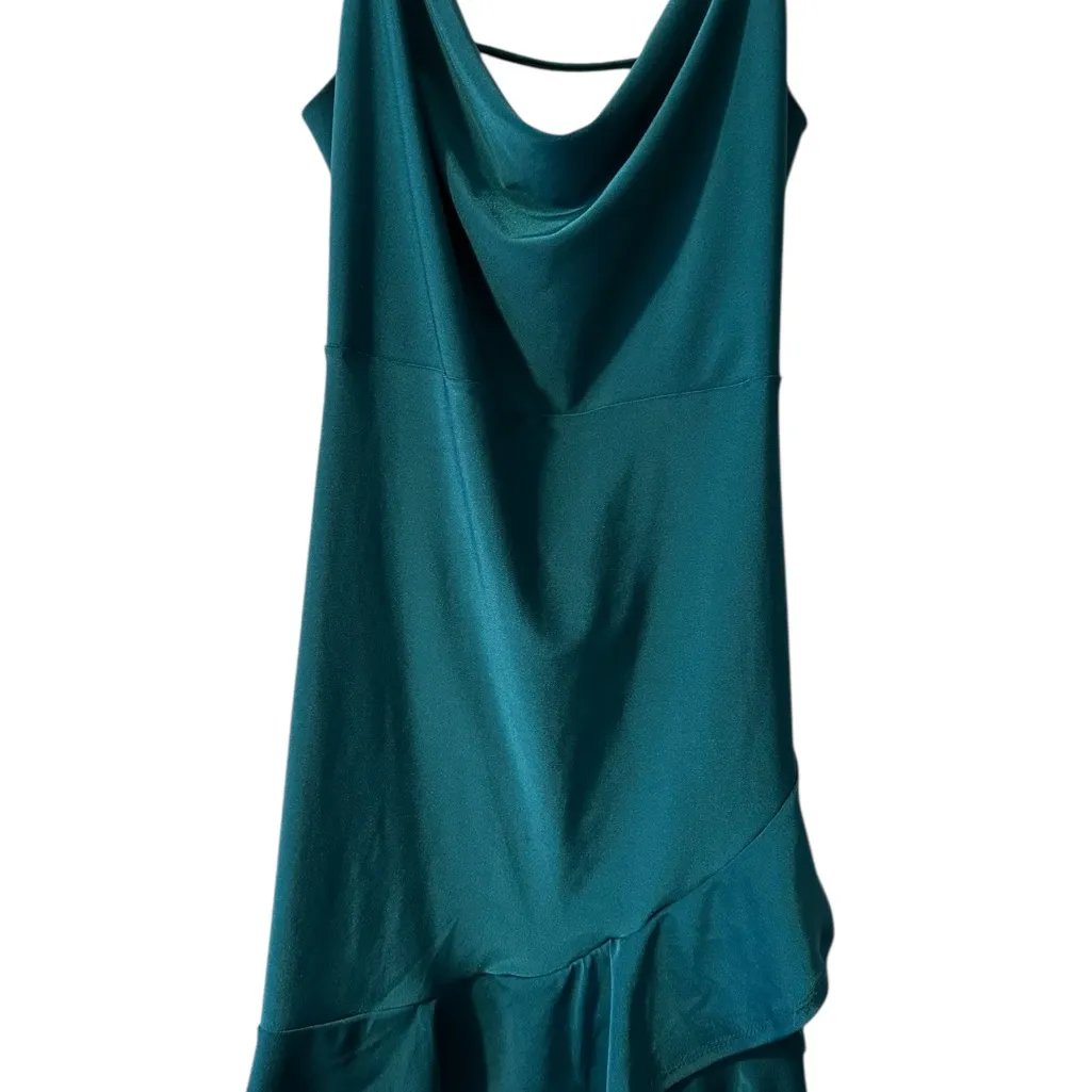 E.L.H. Studio Teal Cowl Neck Strappy Back Ruffle Mini Dress Large Blue - Image 6