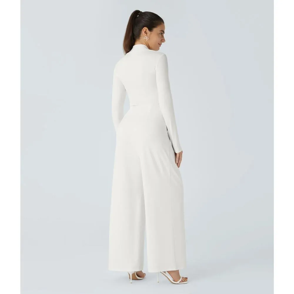 Halara Long Sleeve Wide Leg Jumpsuit Casual White Stretch Bridal Small - Image 6
