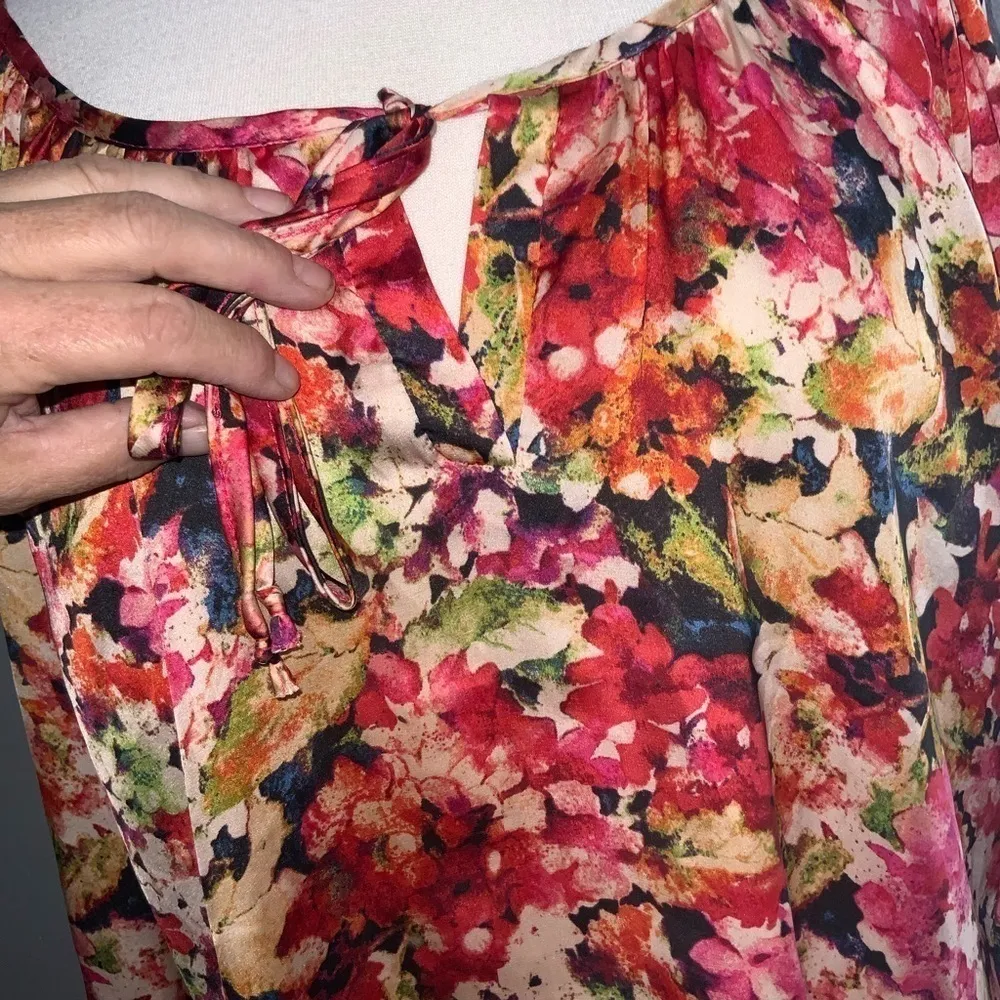 Cha Cha Vente Orange Floral Watercolor Smock Long Sleeve Satin Flowy Tunic L - Image 6