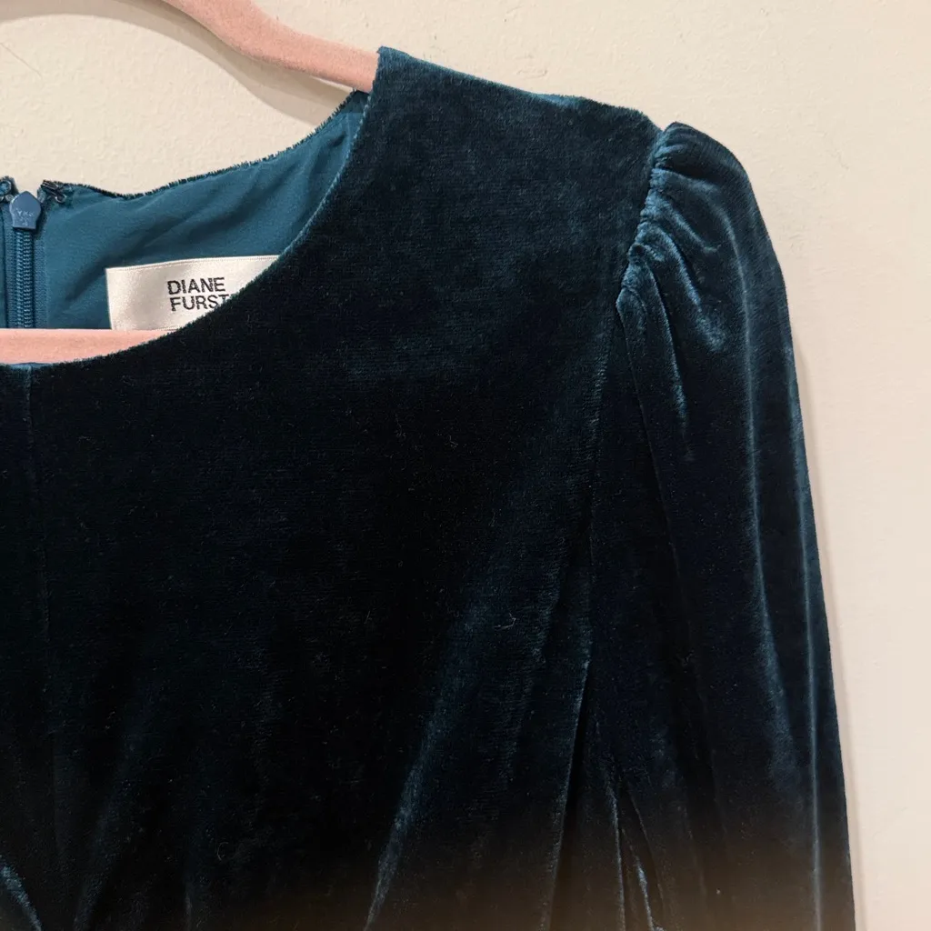 DIANE VON FURSTENBERG Bruna Ruched Velvet Teal Midi Cocktail Dress size 14 - Image 9