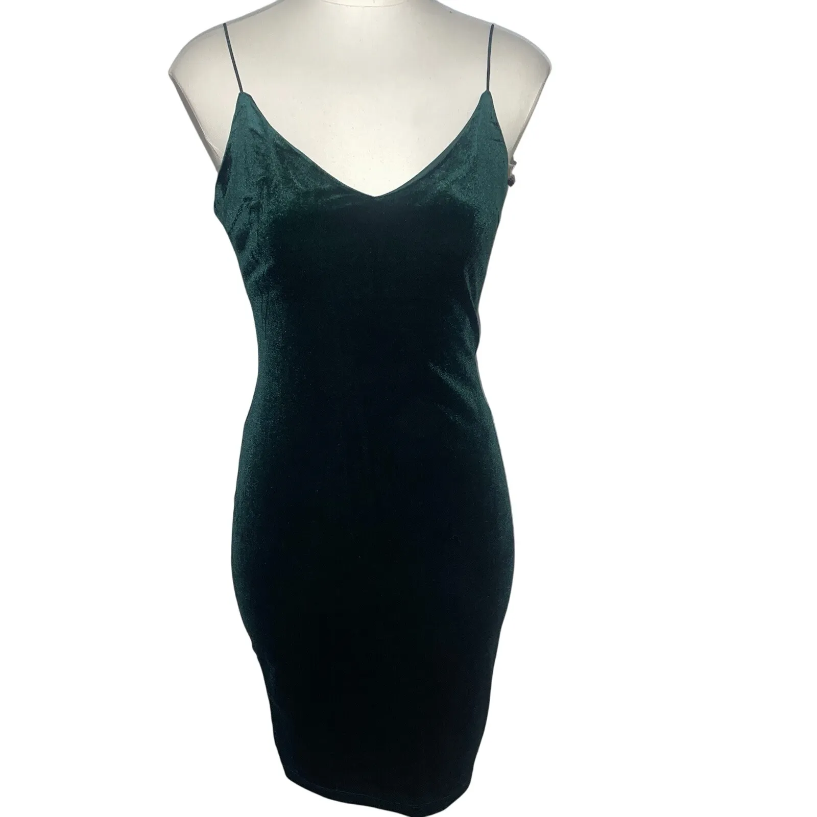 Crystal Sky Velvet V‎ Neck Spaghetti Strap Bodycon Mini Dress Green Size S - Image 9