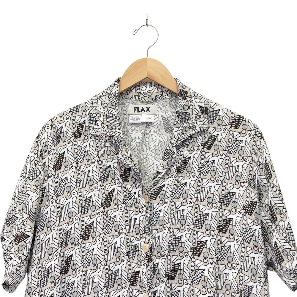 Flax Crinkled Camp Shirt Mod Print Neutral Dodo Button Front Top Size Medium - Image 5