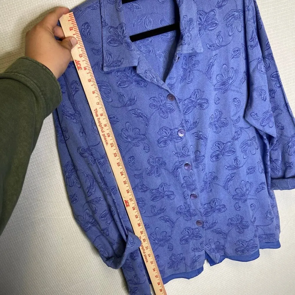 IVY Grandma Print VTG Vintage Floral Button Down Top Periwinkle Blue Long Sleeve Size XL - Image 5