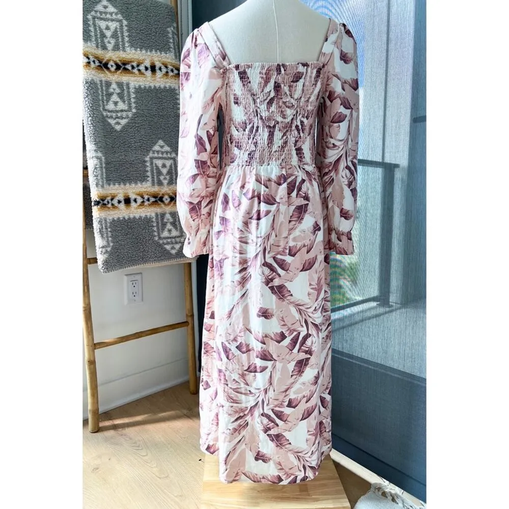 House Of Harlow 1960 White Pink Linen Blend Long Puff Sleeves Midi Dress Medium - Image 4