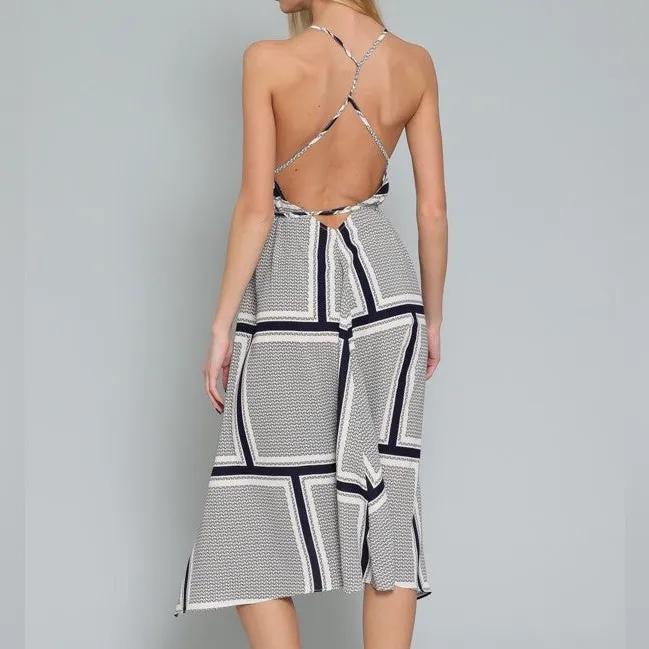 Aakaa Black, Navy & White Geometric Halter V-neck Midi Scarf Dress Large - Image 8