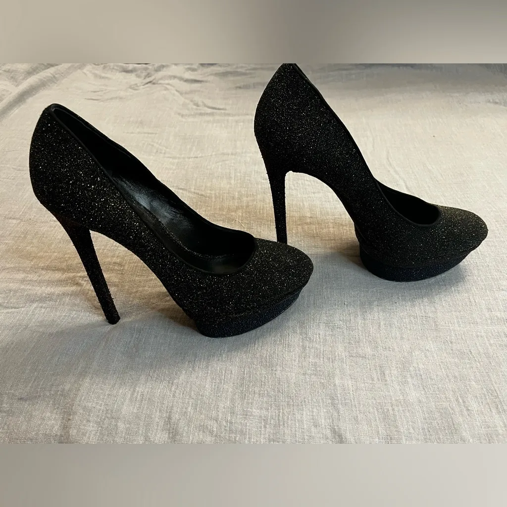 Brian Atwood Fontanne Shoes Gold Red Blue Glitter Heels Platform Black - Image 4