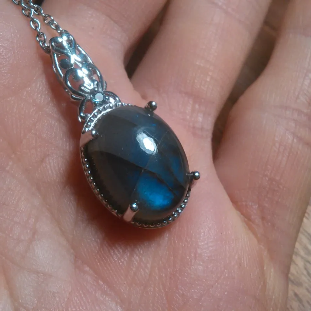 Malagasy Labradorite and Blue Topaz Platinum Bond Pendant Stainless Steel Chain - Image 11