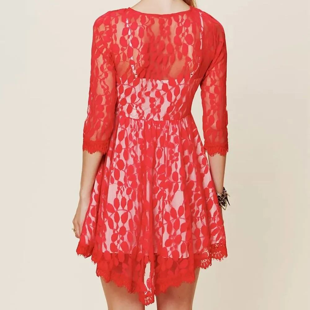 Free People Floral Lace Mesh Dress in Hot Red Attached Adjustable Slip Scalloped - Image 2