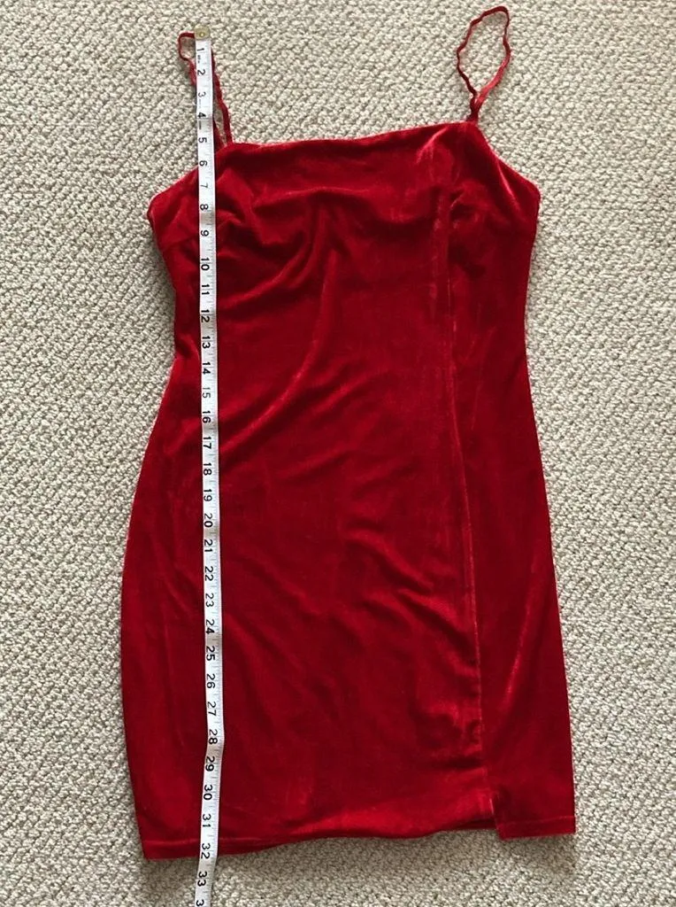 Lush Crushed Velvet Bright Red Christmas Holiday Dress Bodycon Medium Mini EUC - Image 8