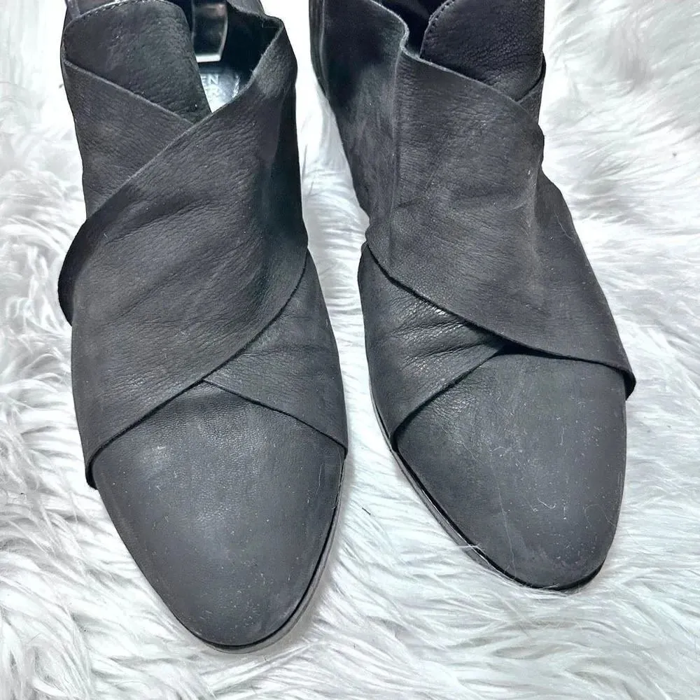 EILEEN FISHER | Cluster Black Leather Cross Strap Booties Ankle Boots | Size 11 - Image 3