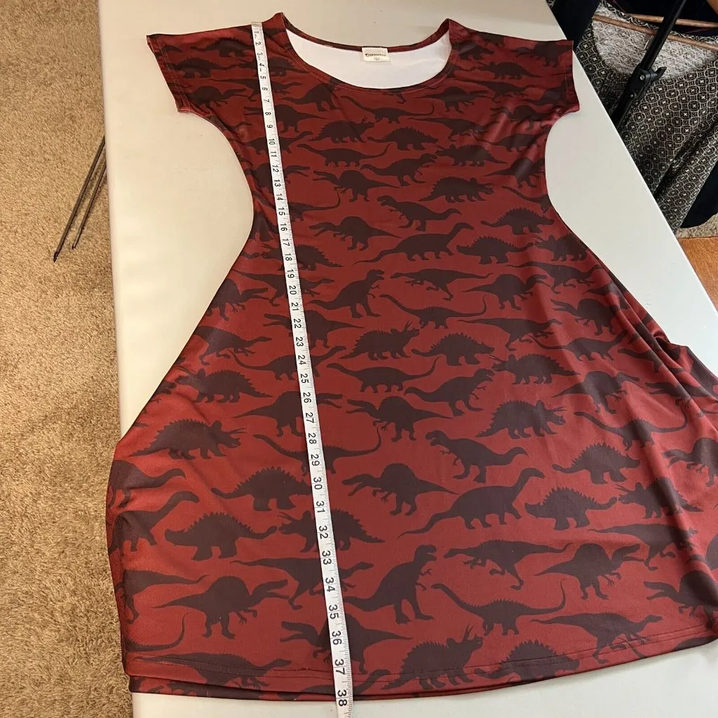 COWCOW Dress‎ XL Brown Dinosaur Fit Flare Novelty Short Sleeve A - Image 14