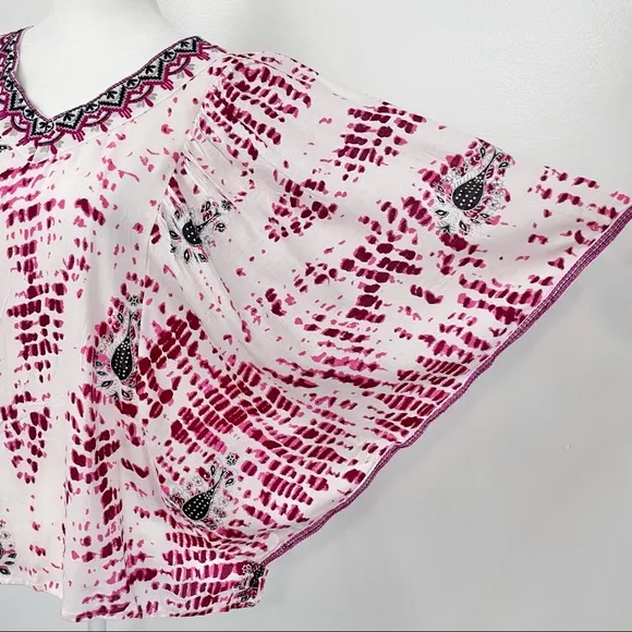 New  Tie Dye Metallic Print Embroidered Trim Poncho Top Pink - Image 2