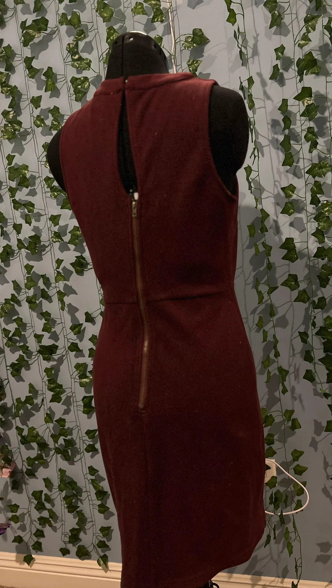 Deep Burgundy Bodycon Pencil Dress With A Caged Neckline - Image 2