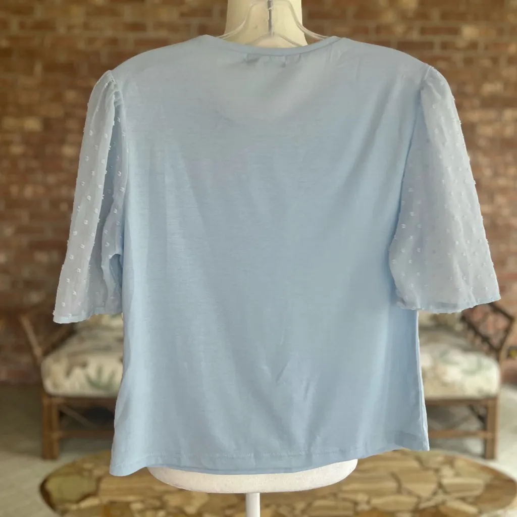 Shein Top Puff Sleeve Swiss Dot Blue Tee S Knit Short Sleeve Pastel - Image 6
