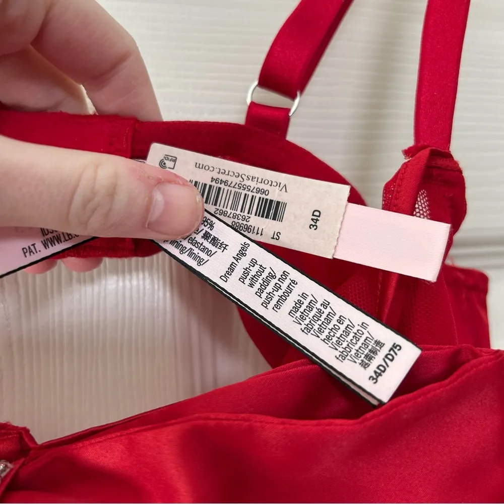 Victoria's Secret 34D Dream Angels Red Satin Bow Bling Sling Push Up Bra - Image 5