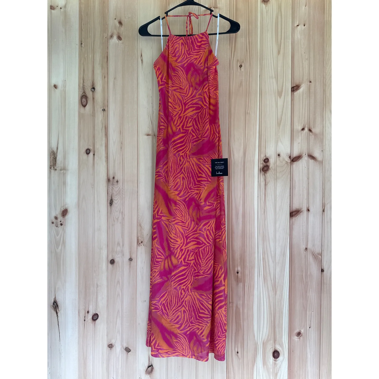 NWT Lulus Camadi Hot Pink Animal Print Mesh Backless Midi Dress Bohemian Sz L - Image 2