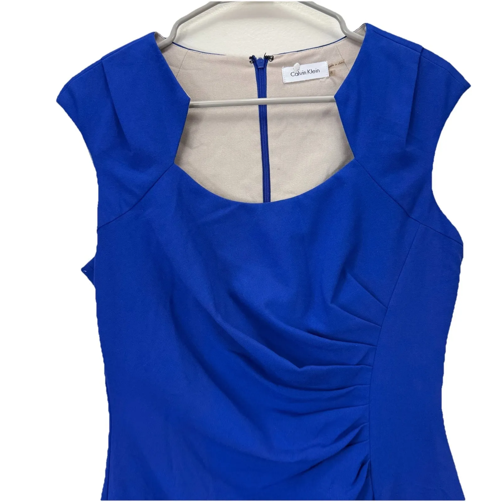 Calvin Klein Blue Side Ruched Horseshoe Neck Sleeveless Sheath Dress‎ Size 4 - Image 4