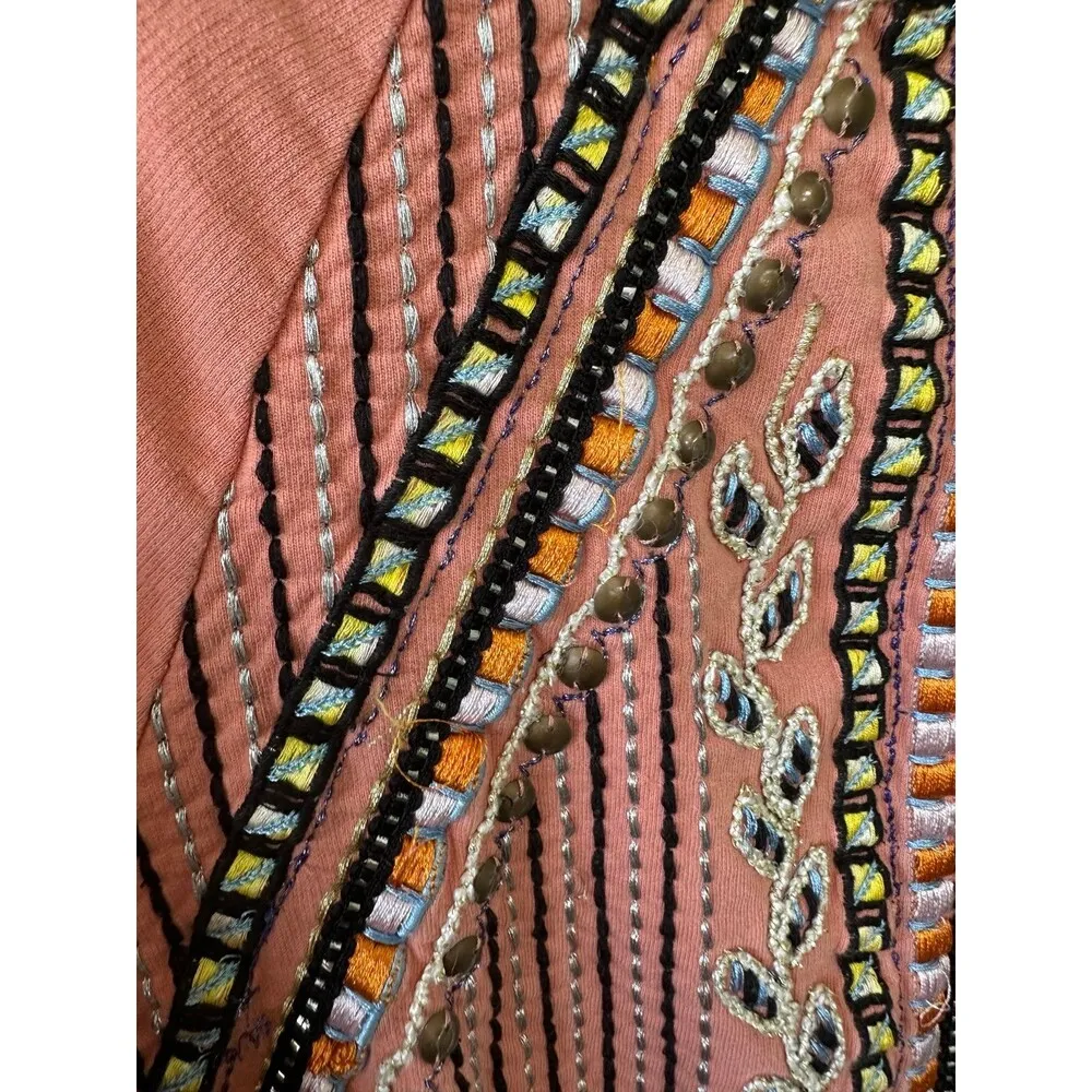 Anthropologie Akemi + Kin Peach Embroidered Bohemian Crew Neck Sweatshirt S - Image 9