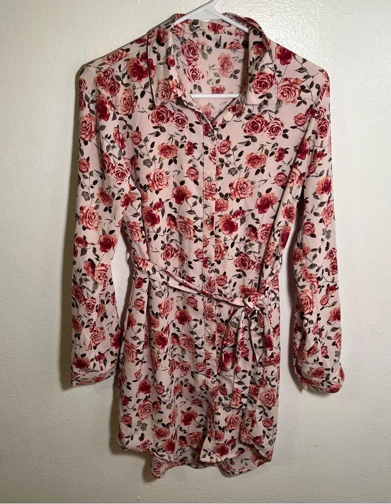 Button Down Shirt Dress Light Pink Rose Floral Belted Size M - Image 2