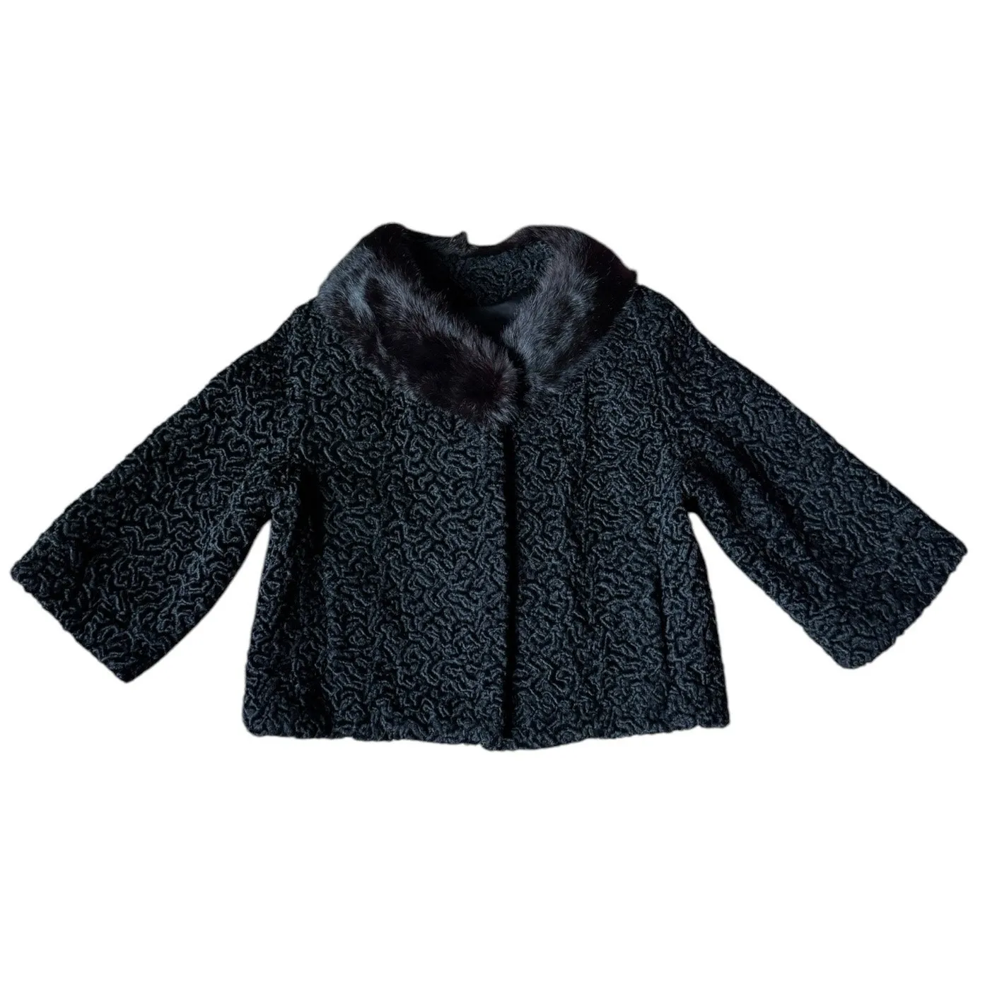 Vintage Black Persian Lamb Fur Coat w/ Mink Collar 1950s Swing Jacket medium - Image 7
