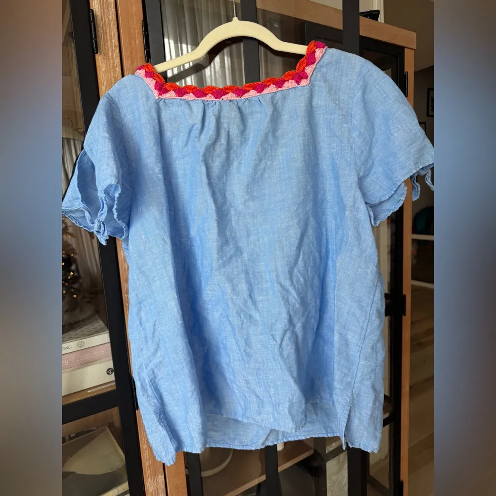 Tabolts crochet linen blouse top trim cross dye colorful bow short sleeve square - Image 4