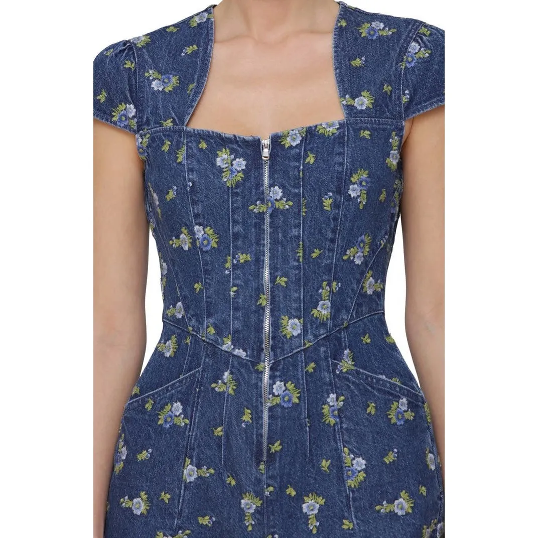 New!‎ Avec Les Filles Floral Cap Sleeve Wide Leg Denim Jumpsuit Floral Sz 8 $249 - Image 3