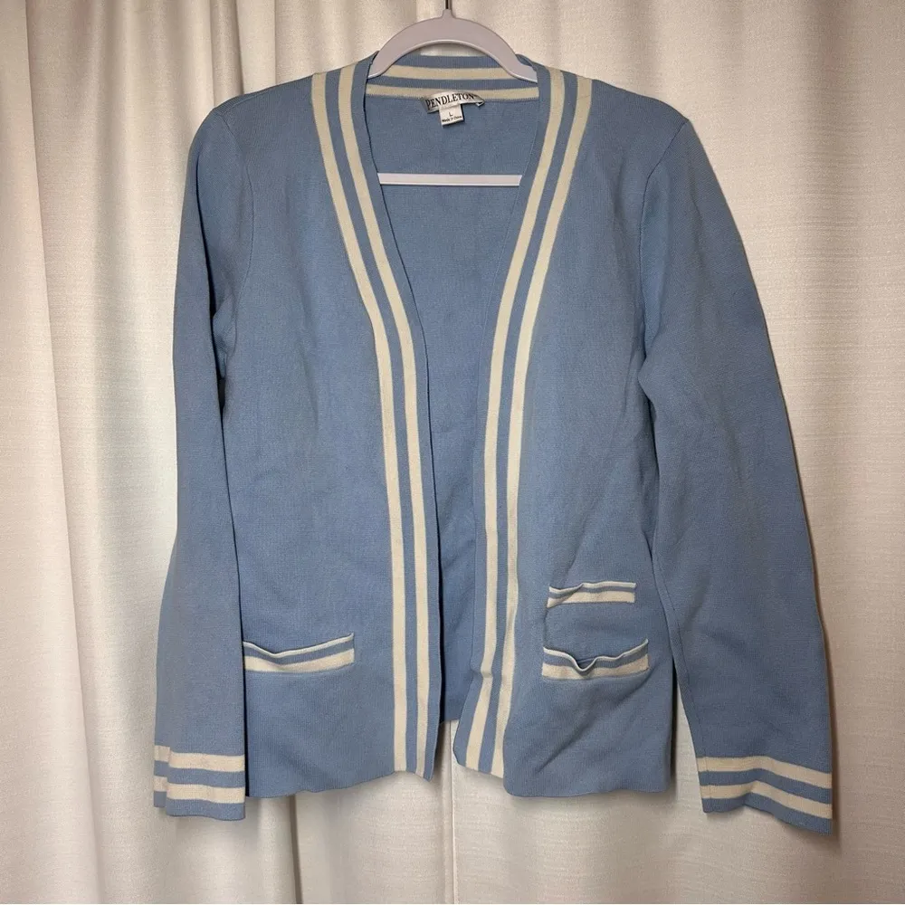 Pendleton Cardigan Sweater Blue White Striped Silk Sz L Preppy Academia Varsity - Image 2