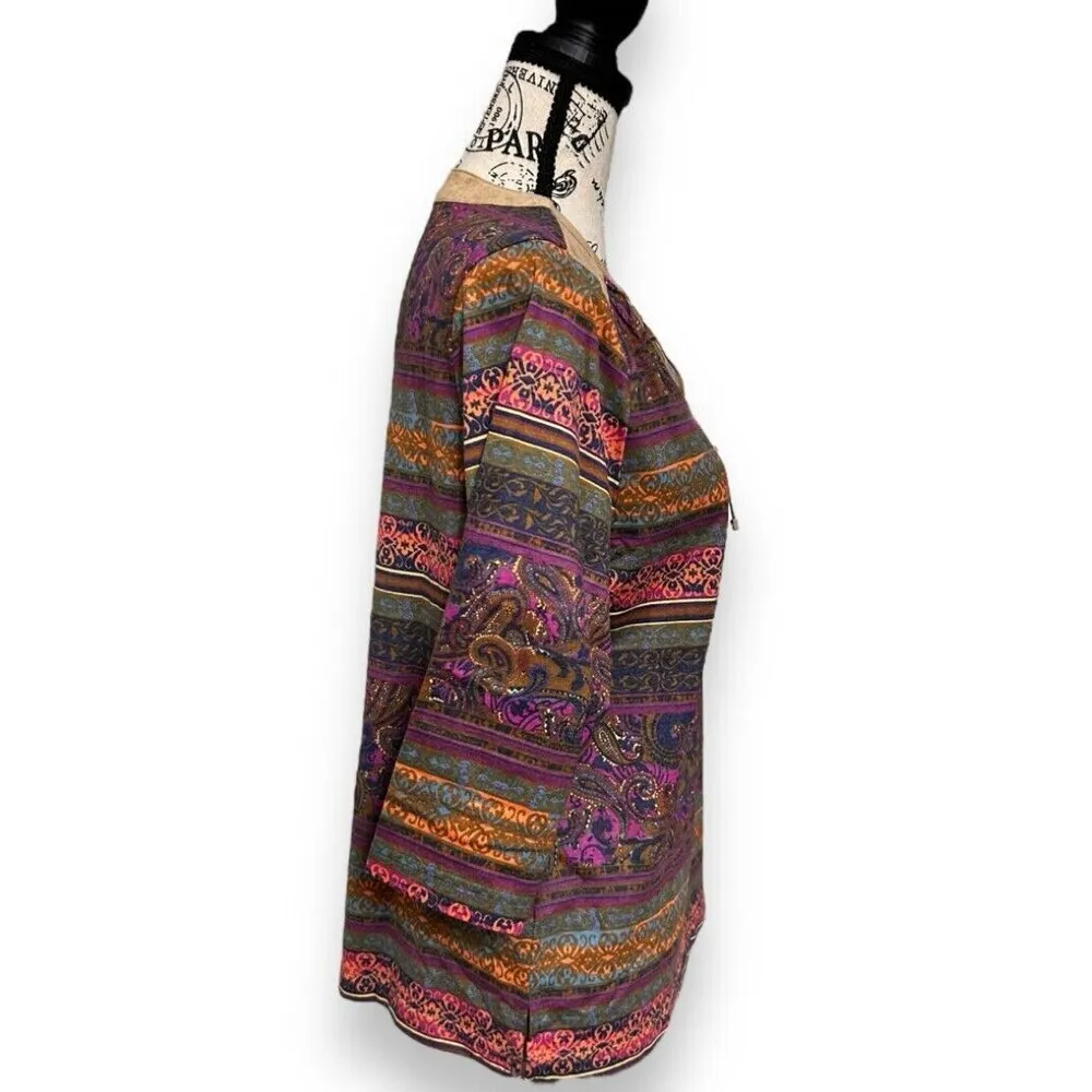 BonWorth XS Petite Boho Paisley Top Multicolor‎ Suede Trim Blouse 3/4 Sleeve NWT - Image 4