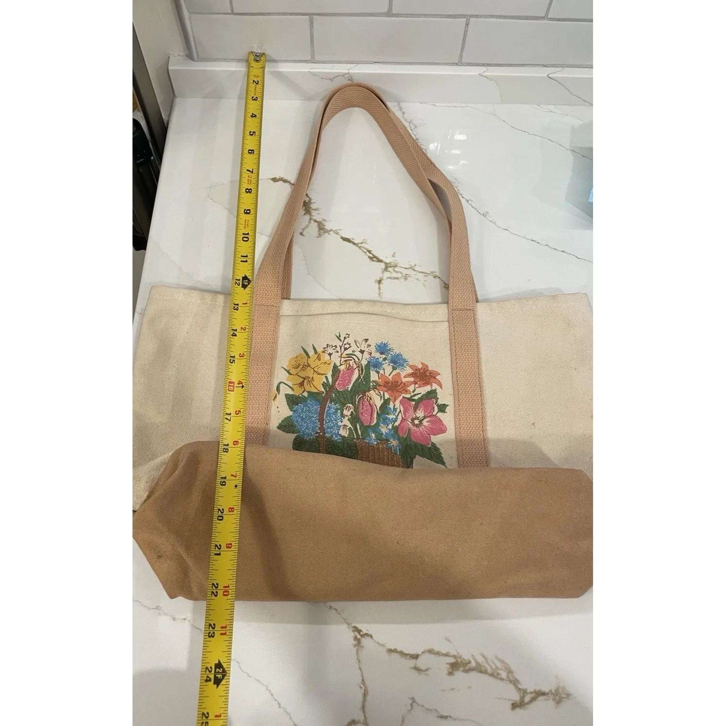 Vintage Nantucket Canvas Tote Bag‎ Flowers Cream Tan Open Boston Hand Print Used - Image 9