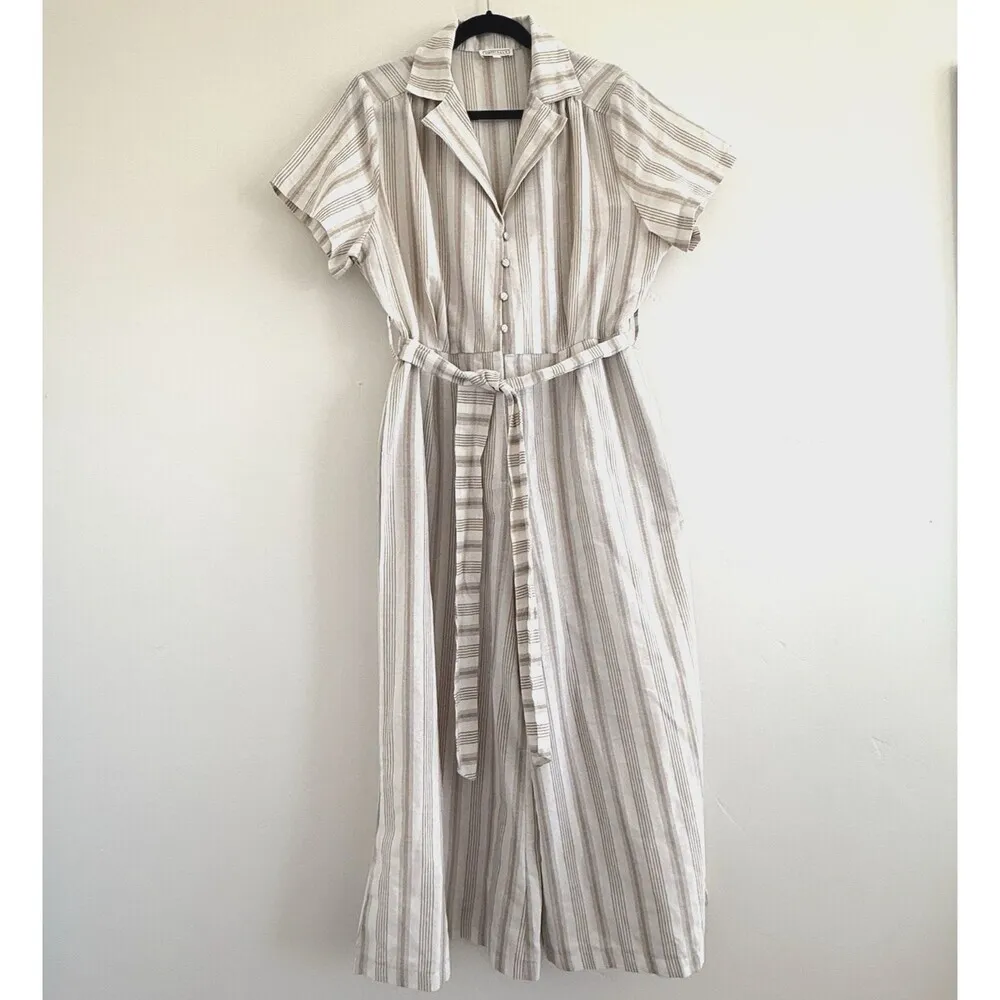 Sweet salt striped Jumpsuit women wide leg collar button up cream pockets tie L Size L - Image 2