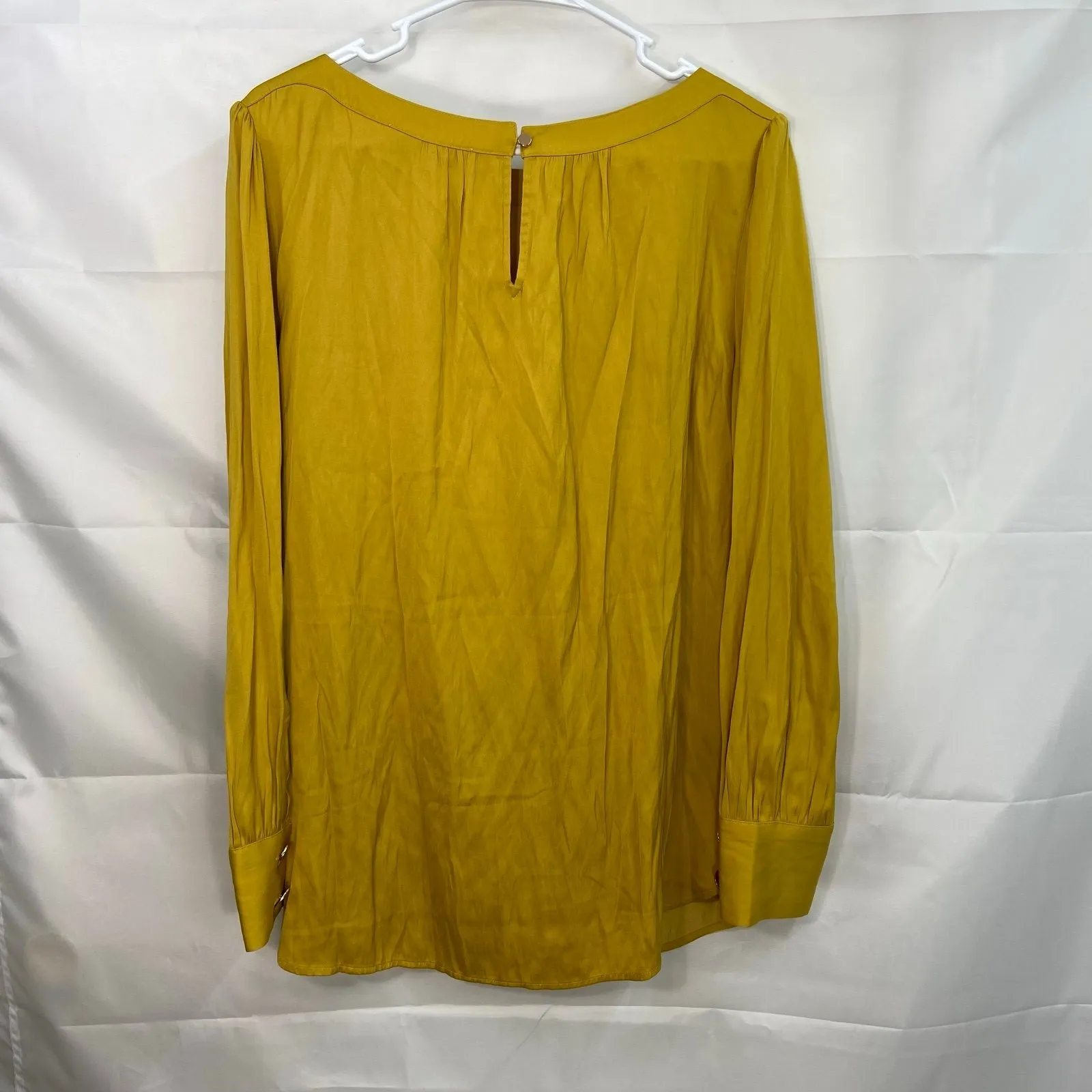 LOFT‎ women's dark yellow metallic button satin relaxed loose boat neck blouse L - Image 7