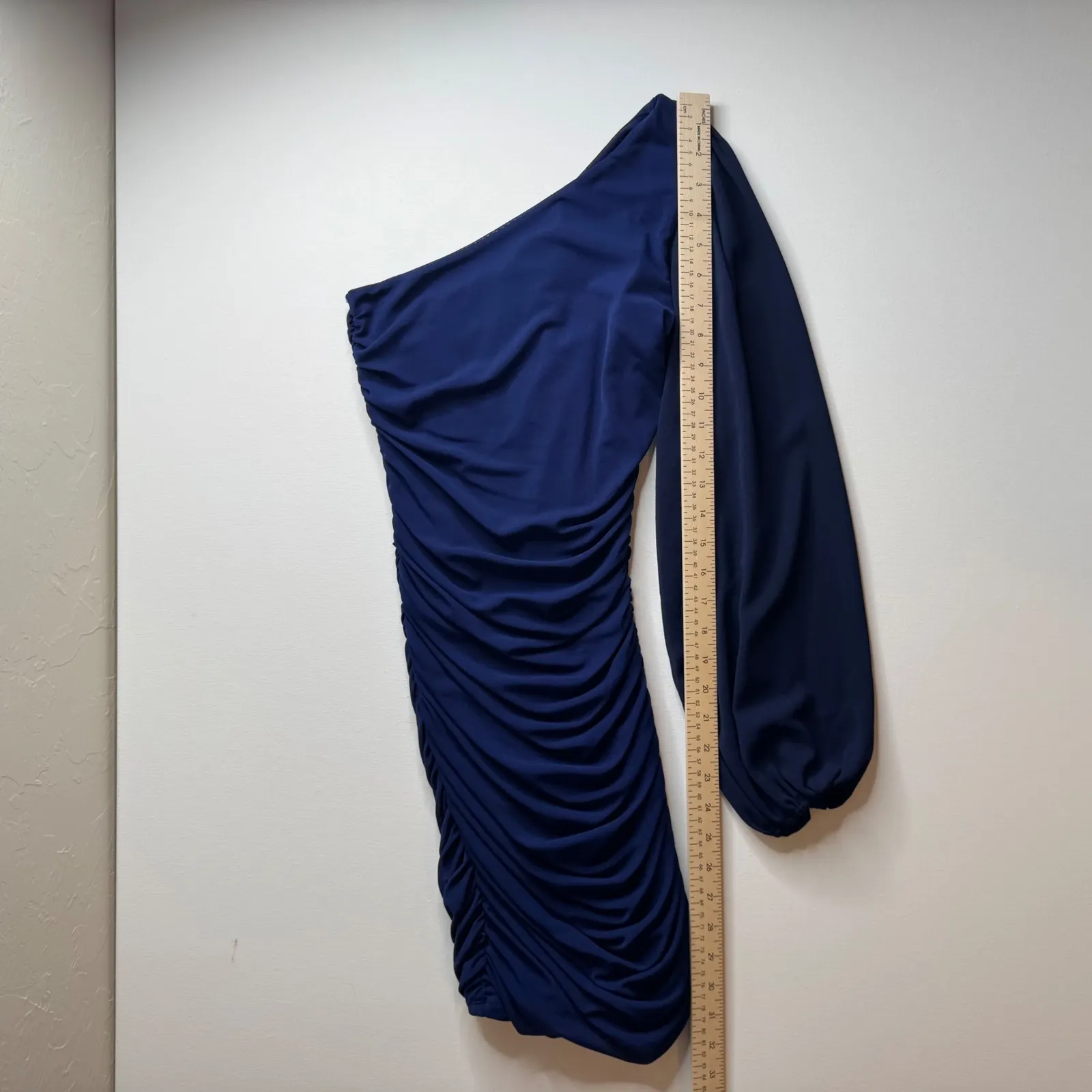 Hello Molly Bodycon Dress Size XS Blue One Shoulder Long Sleeve‎ Ruched Party - Image 8