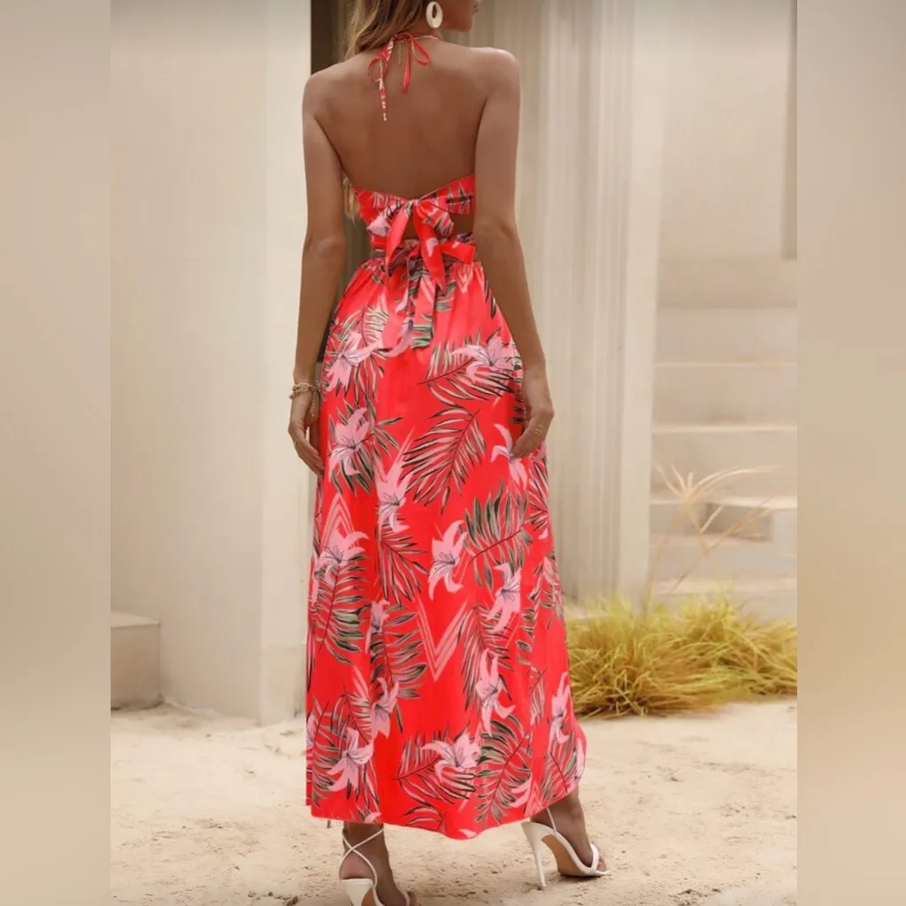 Tropical Print Backless Knot Halter Slit Maxi Dress - Image 2