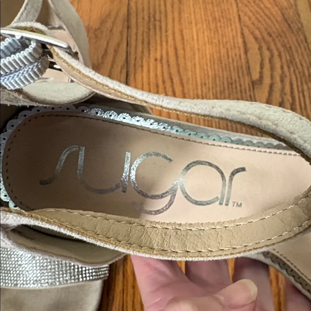 Sugar Machelene dressy‎ block heel sandal rhinestone beige strap size 10 Silver - Image 6