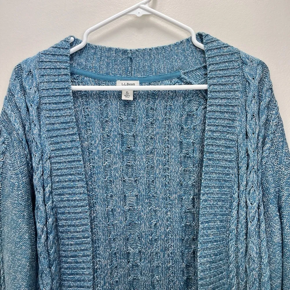 LL Bean Teal Double L Mixed Cable Open Front Cardigan Sweater Size XL PETITE Blue - Image 3