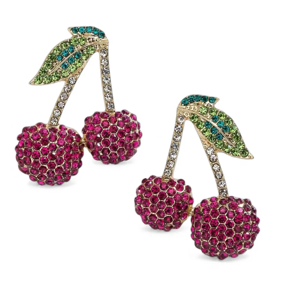 Rhinestone Cherry Earrings NWOT Pink - Image 5