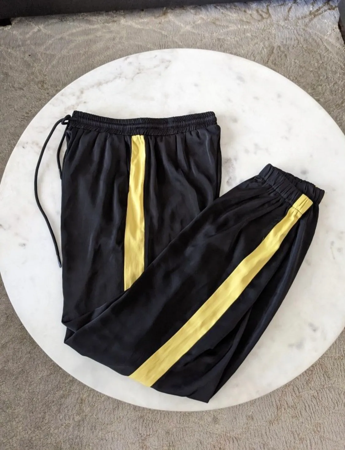 Solaris Style Black Satin High Waist High Rise Joggers with Yellow Stripe Panel - Image 2