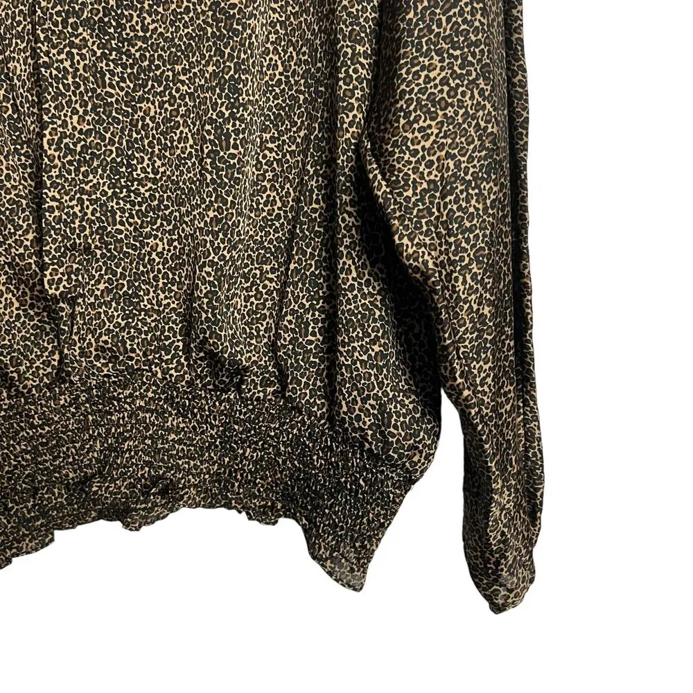 Michael Kors Leopard Animal Print Tie Neck V-Neck Smocked Blouse Size Large - Image 2