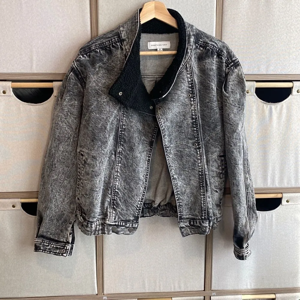 Something Navy teddy denim puff sleeve bomber jacket - Image 3