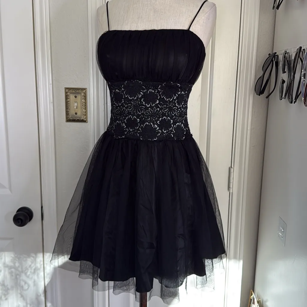 Y2k vintage Tuelle lace waist fit and flare mini dress gothic Black Size M - Image 8