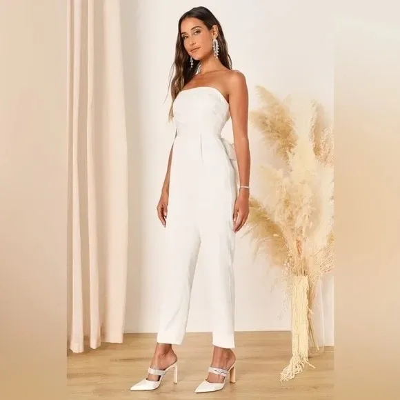 Lulus Beloved Bliss Ivory Strapless Slim Leg Bow Jumpsuit Size S - Image 10